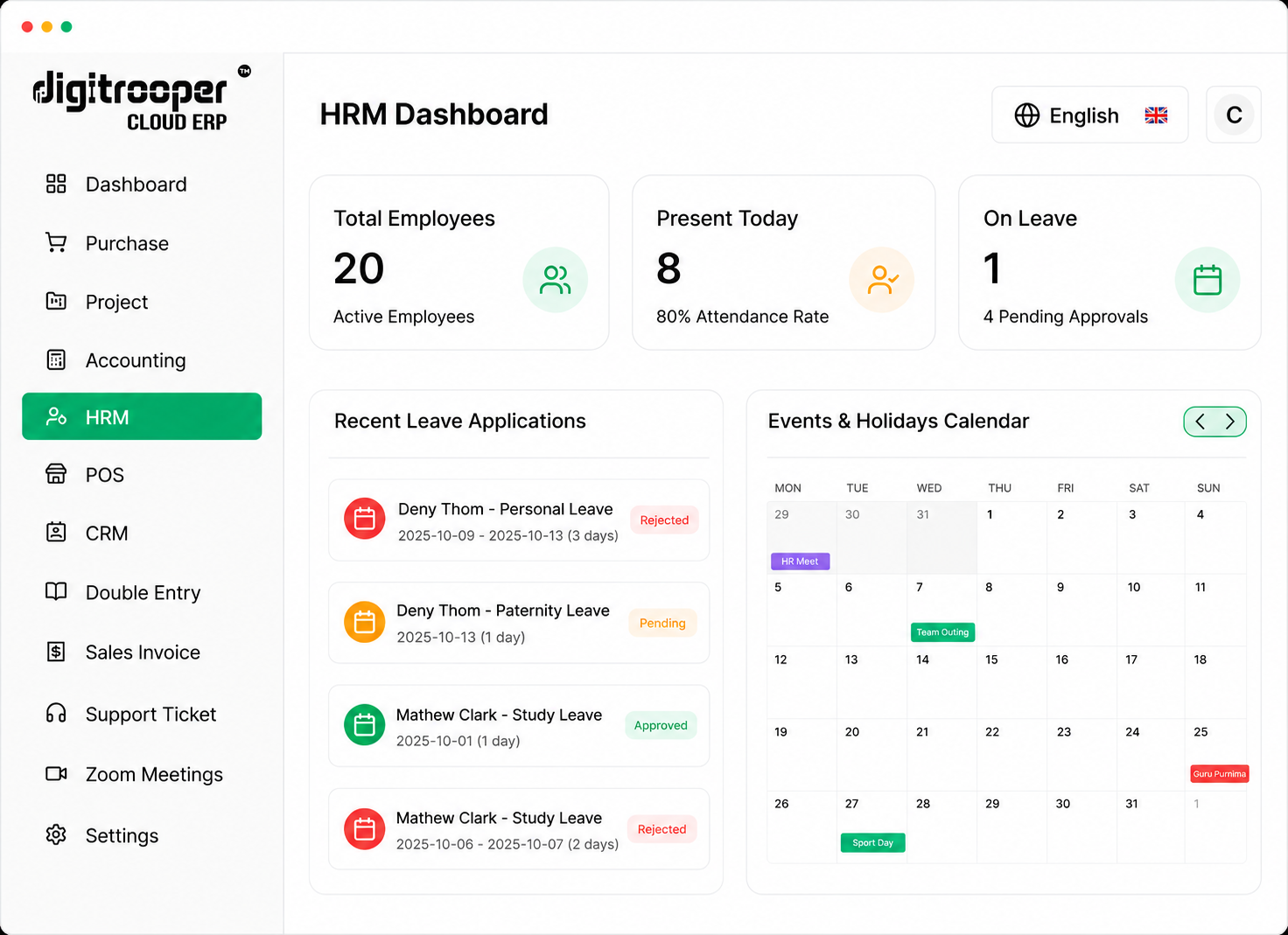 Digitrooper Cloud ERP HRM dashboard showing employees, attendance, leave applications and holiday calendar