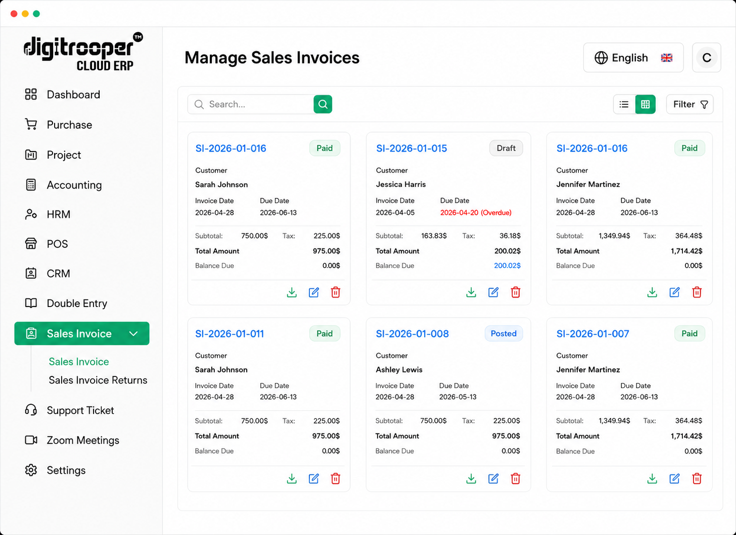 Digitrooper Cloud ERP manage sales invoices screen with paid, draft and posted invoices