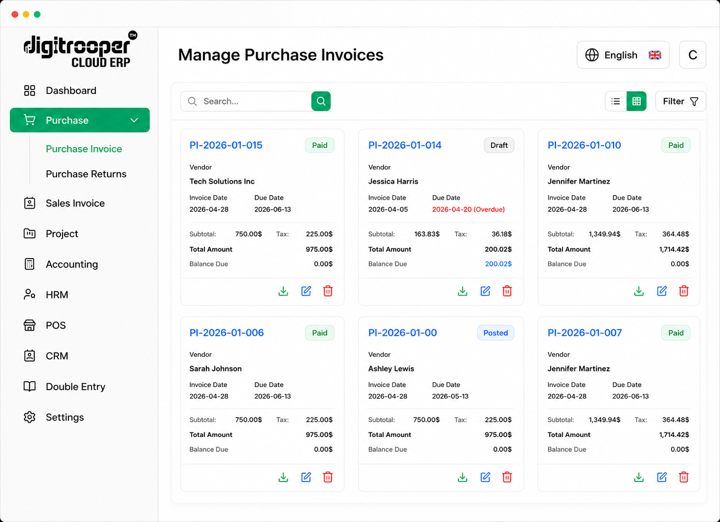 Digitrooper Cloud ERP manage purchase invoices screen with vendor details and statuses